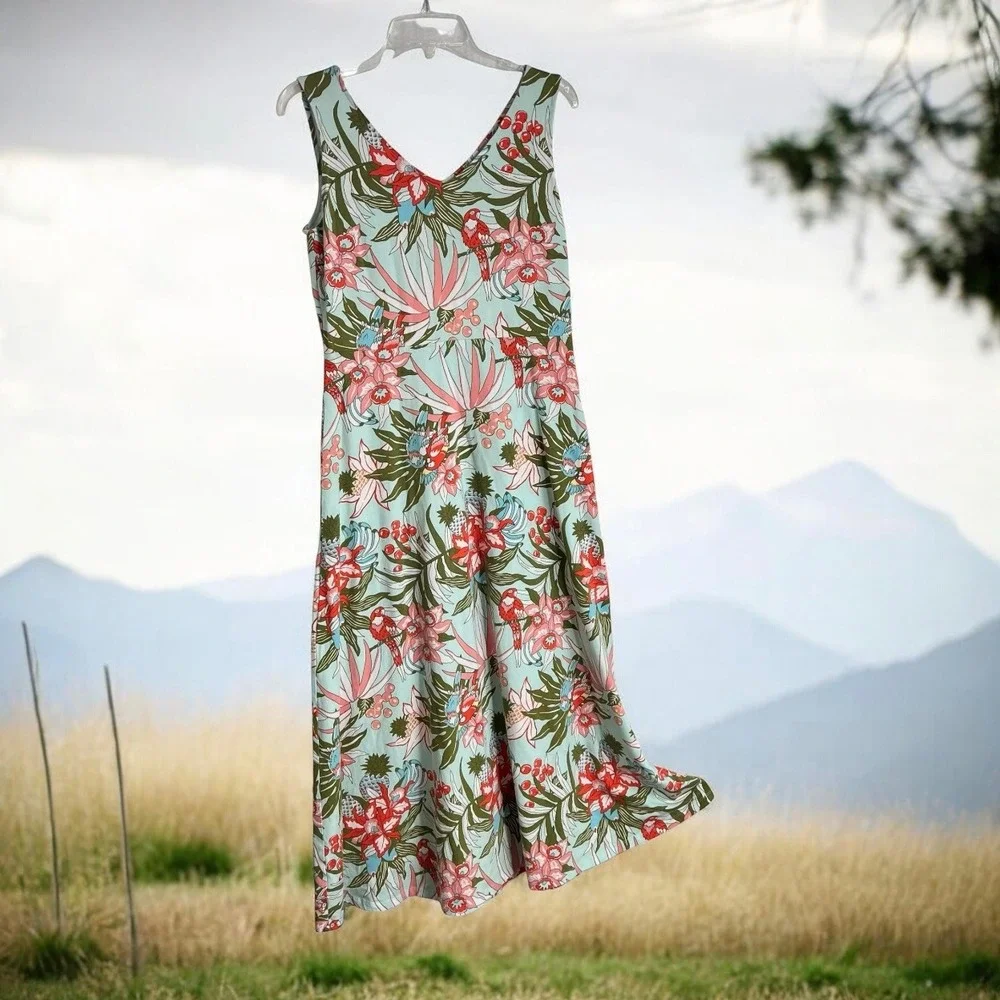Talbots Coastal Tropical Parrot Floral Size M V-Neck A-Line Maxi Pullover Dress - Picture 5 of 11